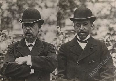 Изобретатель радио А.С. Попов и его помощник П.Н. Рыбкин в саду Кронштадтского крепостного военного телеграфа 1895 г.